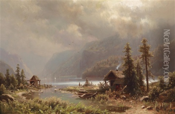 Fischerhutte Am Bergsee Oil Painting - Adolf Chwala