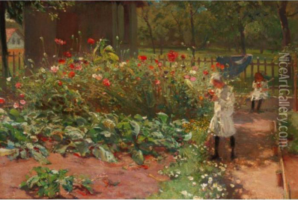 At Play In The Flower Garden Oil Painting - Carl von Marr