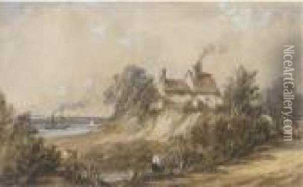 Figures Before A Cottage, A Paddlesteamer On The River Beyond Oil Painting - Alfred Vickers