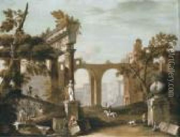 An Architectural Capriccio With Classical Ruins Oil Painting - Marco Ricci