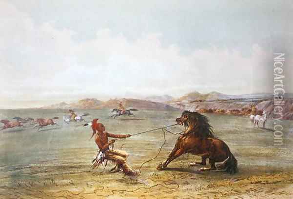 Osage hunters catching wild horses Oil Painting - George Catlin