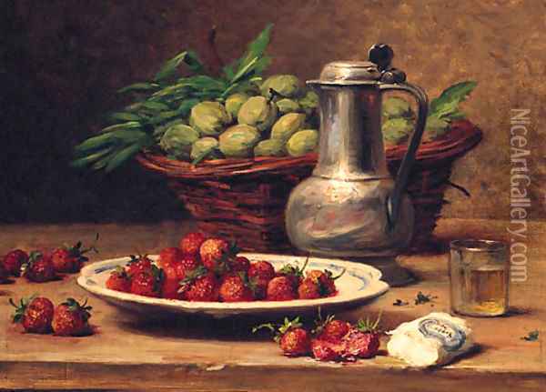 Plums In A Basket, Strawberries On A Plate, A Wine Glass, And A Pewter Jug On A Table Oil Painting - Leon Charles Huber