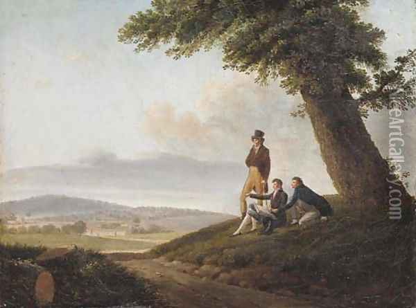 Figures surveying an extensive landscape Oil Painting - French School