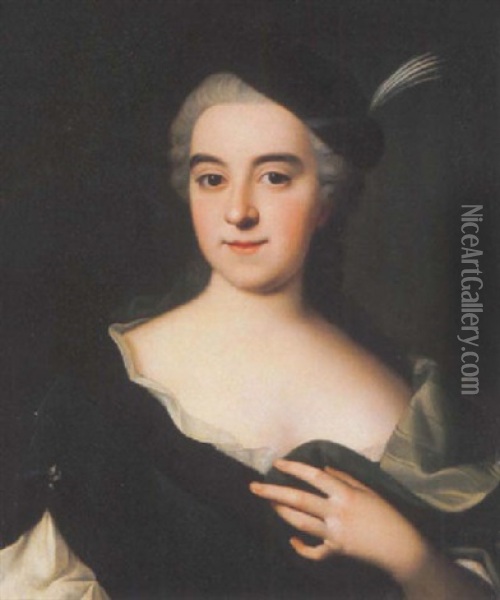 Portrait De Marie Nesles(?), Marquise De La Tourelle, Portant Une Robe Bleue Et Un Chapeau A Plume Oil Painting - Antoine Pesne