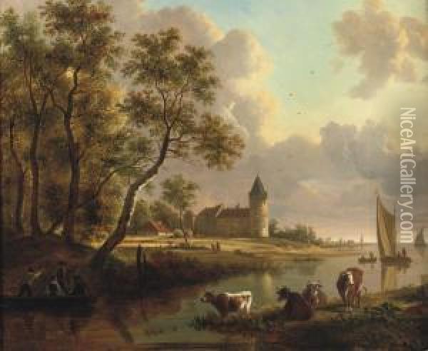 A Wooded River Landscape With Cows, And Figures In A Rowing Boat, Acastle And Sailing Vessels Beyond Oil Painting - Johannes Elize Van Cuylenburgh