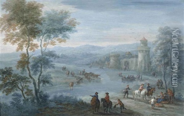 A River Landscape With Figures On Horseback And Cattle Outside A Walled Town Oil Painting - Mathys Schoevaerdts