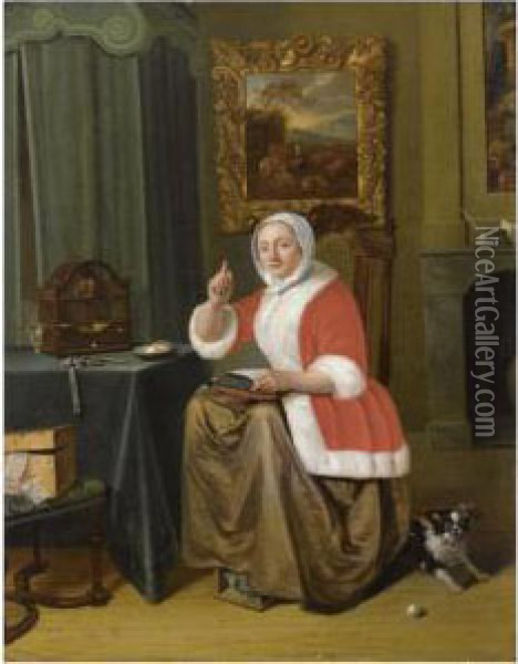 A Lady Sitting In An Interior, 
Embroidering At A Table With A Bird In A Birdcage, Together With A Dog Oil Painting - Michiel van Musscher