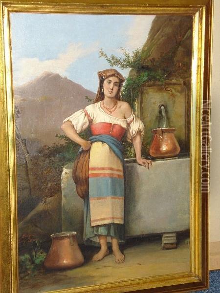 A Young Peasant Woman Collecting Water, Signed Oil Painting - Luigi Campini