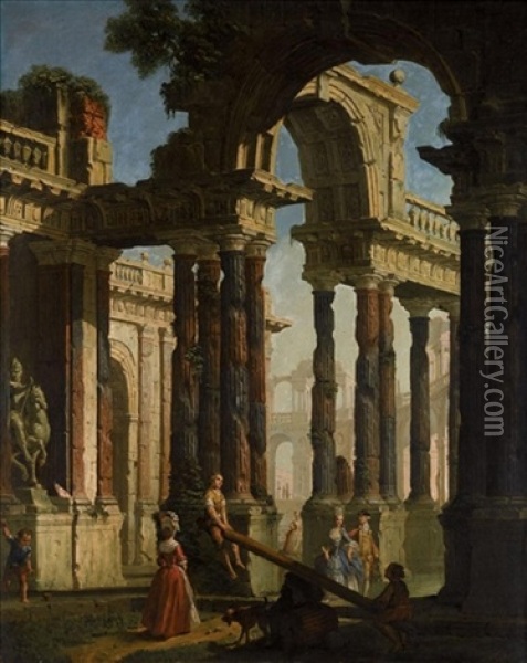 An Architectural Capriccio With Elegant Figures Promenading Among Antique Ruins, Children Playing Seesaw In The Foreground Oil Painting - Francesco Chiarottini