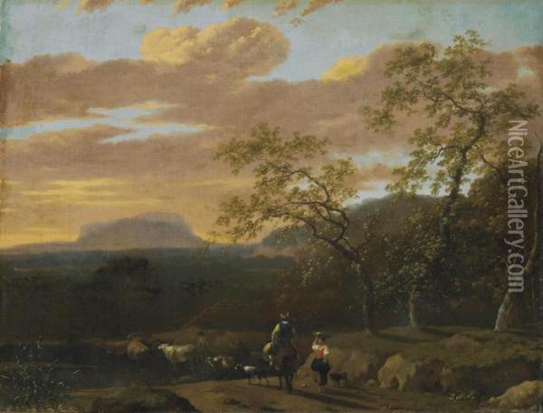 A Mountainous River Landscape With Peasants, Cows, Goats And Sheep Oil Painting - Jan Gabrielsz. Sonje