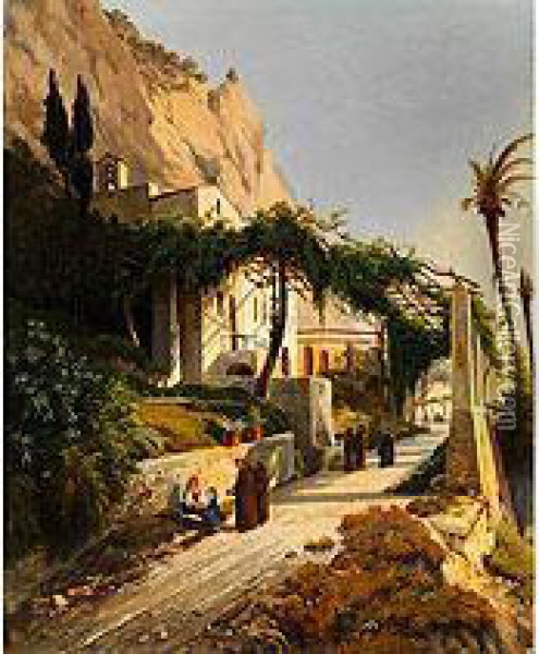 Monche Und Eine Italienerin Mit Kind Vor Einem Kloster Bei Amalfi Oil Painting - Louis Auguste Lapito