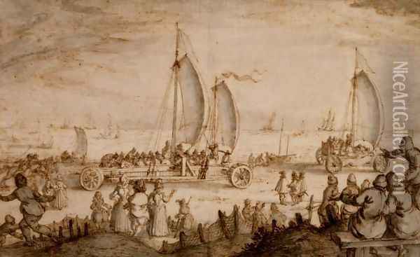 Prins Maurits of Nassau's land yachts on the beach at Scheveningen, c.1614-15 Oil Painting - Nicolaes (Claes) Jansz Visscher