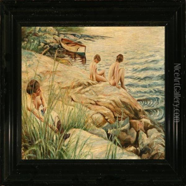Girls Bathing At A Rocky Coast Oil Painting - Anders Zorn