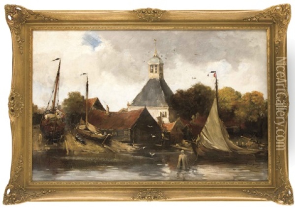 Kleine Dorfliche Werft Am Flus Mit Kirche Im Hintergrund Oil Painting - Hobbe Smith