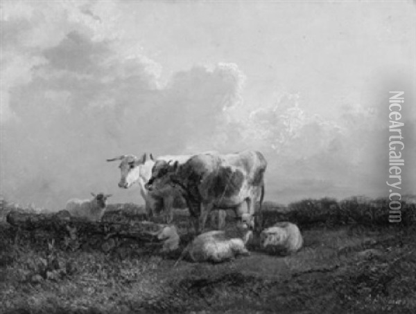 Zwei Kuhe Und Drei Ruhende Schafe Auf Einer Anhohe Vor Abendlichem Himmel Oil Painting - George Shalders