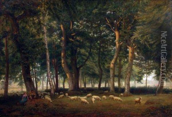 Wooded Landscape With Shepherds Resting With Their Sheep Oil Painting - Henry George Barwell