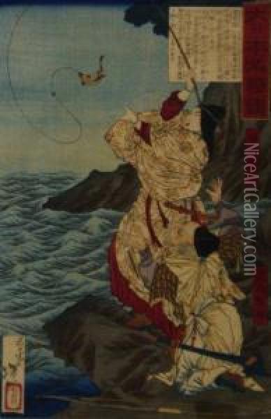 Empress Jingu Fishing Oil Painting - Utagawa Yoshitoshi