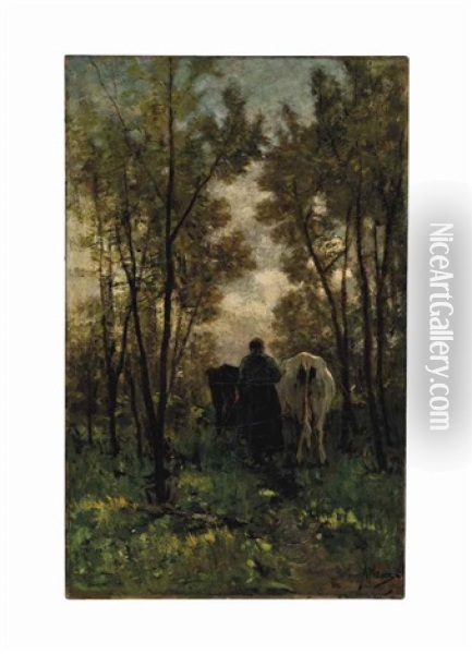 Farmer And Cows Traveling A Tree Lined Path Oil Painting - Anton Mauve