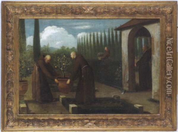 Monche Bei Der Arbeit Im Klostergarten Oil Painting - Giovanni Facciola