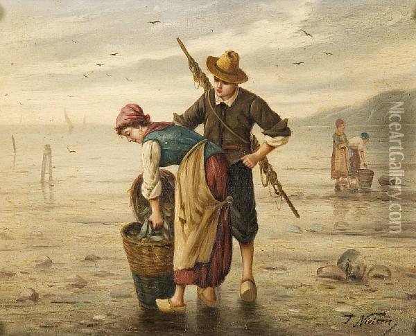 Young Couple Gathering Fish At Low Tide Oil Painting - Ville Jais-Nielsen
