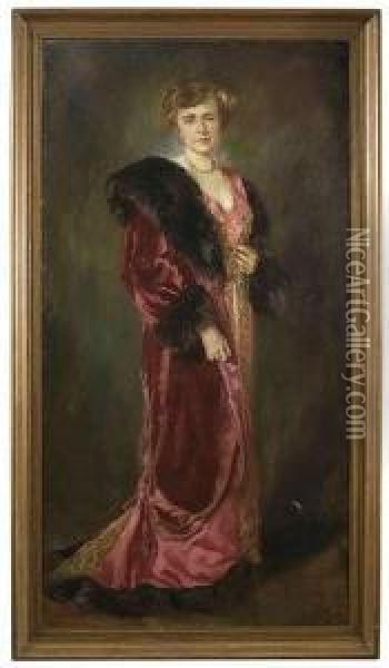 Portrait Of Anelegant Lady Wearing A Red Gown With Fur Trimming As Full-figure Oil Painting - Otto Propheter