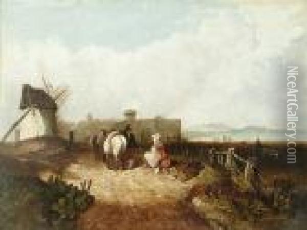 Figures And Horses By A Windmill, With A Walled Fortress Beyond Oil Painting - Edward Jr Williams