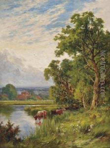 Evening On The Stour, Harlow, Essex Oil Painting - Henry Hillier Parker