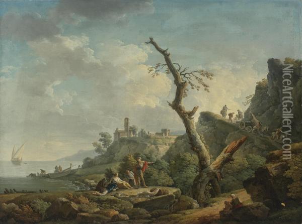 A River Landscape With Figures Reclining In The Foreground Oil Painting - Carlo Bonavia