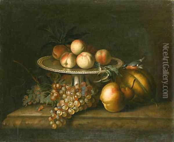 Peaches on a silver Tazza Oil Painting - Tobias Stranover