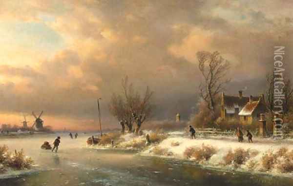 A snow-covered landscape with skaters on a frozen waterway Oil Painting - Lodewijk Johannes Kleijn