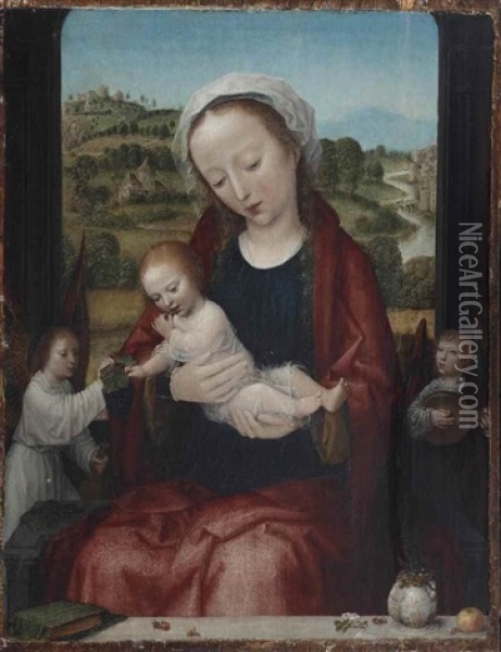 The Virgin And Child Enthroned, Attended By Angels, Before An Open Window With A Hilly River Landscape Beyond Oil Painting - Adriaen Isenbrant