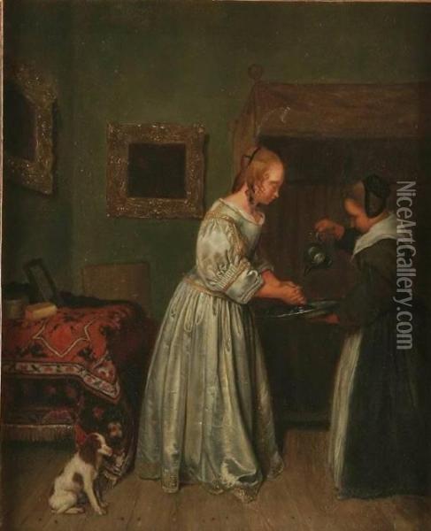 An Elegant Lady With Maidservant Washing Her Hands And Dog Looking On Oil Painting - Gerard Terborch