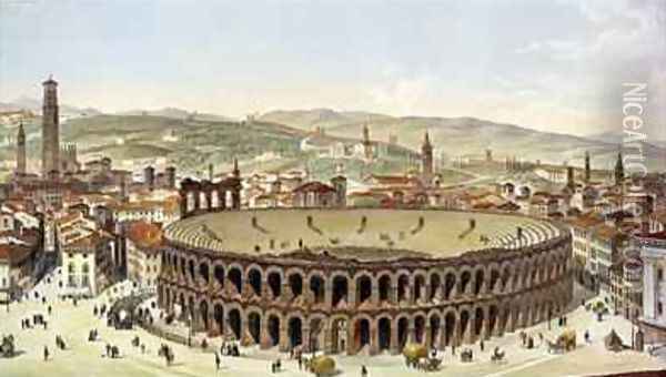 View of the Roman Amphitheatre Verona Oil Painting - Majocchi, P.