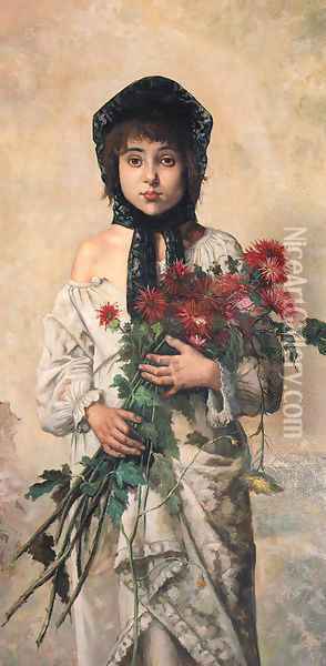 Portrait of a young Girl holding red Chrysanthemums Oil Painting - German School
