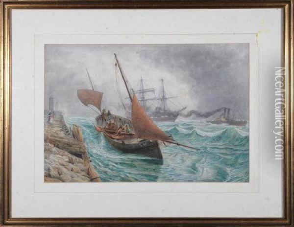 A Sailing Trawler, A Sailing Ship And A Paddle Tug Entering Harbour Oil Painting - Bernard Benedict Hemy