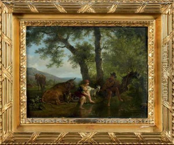 Pastorale Au Bord D'un Ruisseau Oil Painting - Jean Louis (Marnette) De Marne
