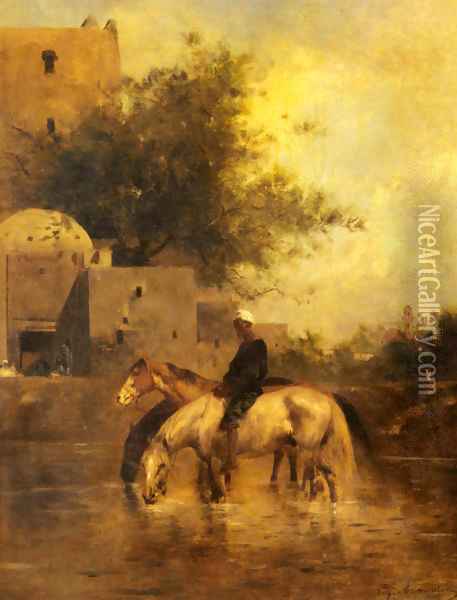 Horses Watering in a River Oil Painting - Emile Munier