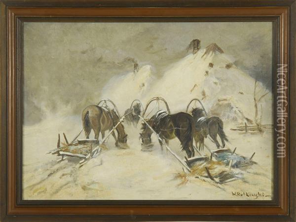 Horses Pulling Hay In A Snow-covered Landscape With House Oil Painting - Wladislaw Boncza Rutkowski