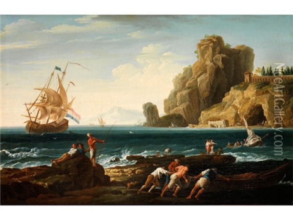 Seestuck Mit Schiff, Steilkuste Und Bootsleuten Im Vordergrund Oil Painting - Jean Henry d' Arles