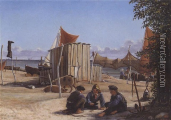 Sommerdag Pa Taarbaek Strand, I Forgrunden Tre Drenge, Der Spiller Et Spil Oil Painting - Harold Wilhelm Jensen