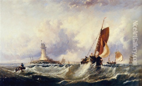 Fishing Vessels Of A Lighthouse Point Oil Painting - Edwin Hayes
