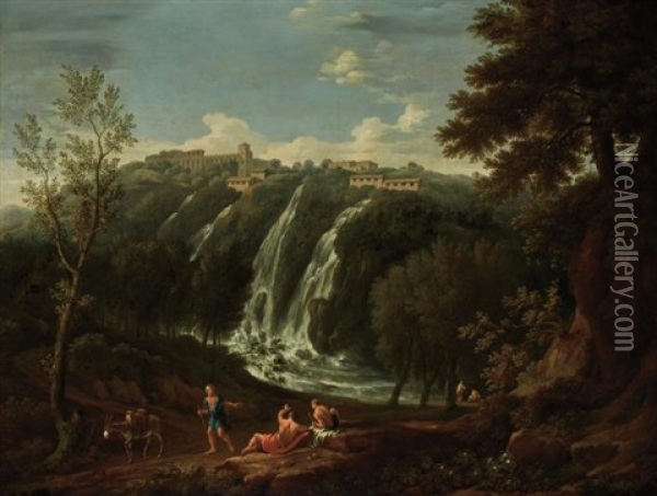 Travelers Resting Near The Falls Of Tivoli Oil Painting - Gaspard Dughet