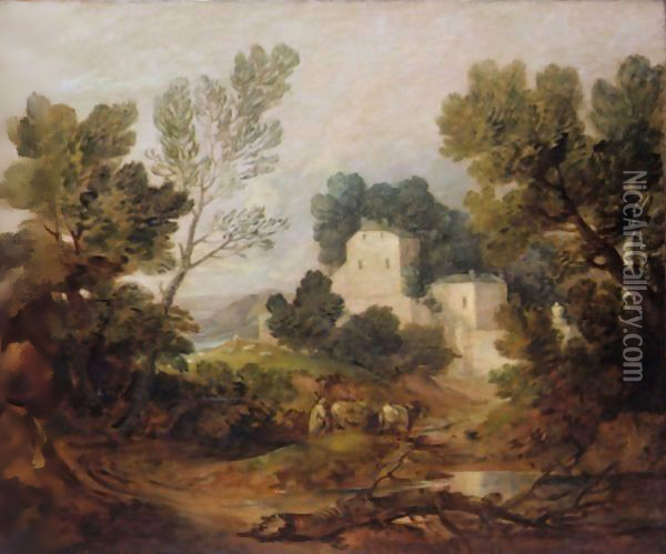 Wooded Landscape With A Driver And Cattle And A Distant Mansion Oil Painting - Thomas Gainsborough
