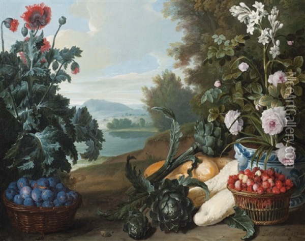Fruits, Fleurs Et Legumes Dans Un Paysage Oil Painting - Alexandre Francois Desportes