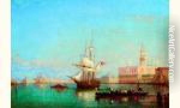 Trois Mats Et Gondole Sur La Lagune Pres De La Place Saint Marc A Venise Oil Painting - Charles Clement Calderon
