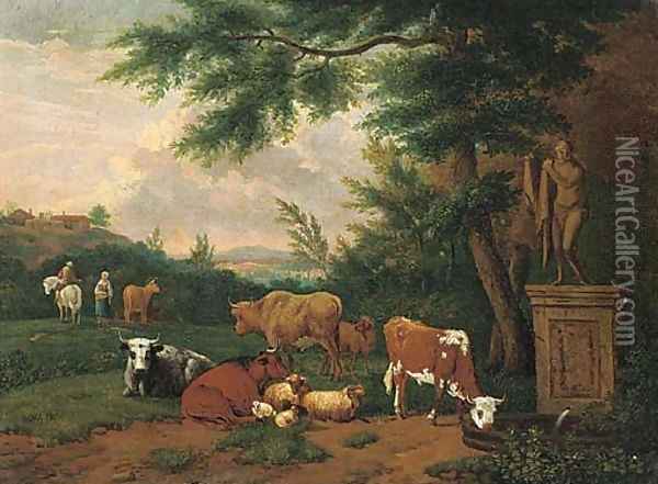 A wooded landscape with cattle and sheep resting by a fountain Oil Painting - Adriaen Van De Velde