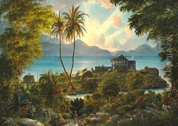 Cruz Bay Battery On St. John With The Governor's House On The Point, In The Background St. Thomas, The Former Danish West Indies Oil Painting - Fritz Siegfried George Melbye