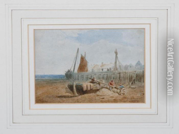 Three Figures Hauling A Sail Pole On A Shoreline Oil Painting - Paul Marny