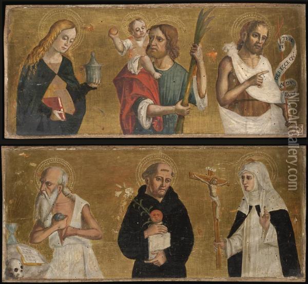 Saints Mary Magdalen, Christopher And John The Baptist; And Saints Jerome, Nicholas Of Tolentino And A Female Saint Oil Painting - Antonio Marinoni