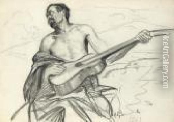 Study Of A Man With A Guitar Oil Painting - Franz Roubaud